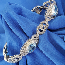 DESIGNER SIGNED 925 STERLING SILVER Aqua BLUE TOPAZ Marcasite Bracelet C... - $470.25