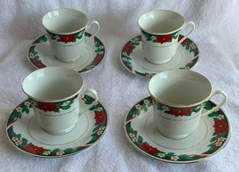 Lot of 4 Vintage Cups and Saucers Tienshan DECK THE HALLS Christmas Poinsettia - £14.94 GBP