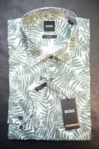 HUGO BOSS Uomo Hank Kent Slim Fit Foglia Stampa Cotone Elastico Camicia 41 16 - $64.13