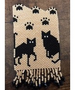 Artisan Handmade Brooch Pin Beaded Whimsical Black Cats &amp; Paw Prints Fri... - £15.51 GBP