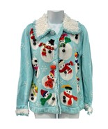 Vintage 90s Blue Snowman Fuzzy Collar Embroidered Ugly Christmas Sweater... - $678.39 MXN