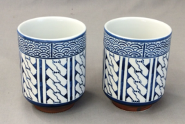 Lot 2 Ceramic Pottery Cups Glasses Blue White Footed Stackable 9oz - £13.93 GBP