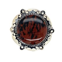 Vintage Sterling Signed MB Mexico Taxco Round Mahogany Obsidian Stone Brooch Pin - £50.70 GBP