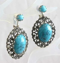 Ancient Style Filigree Faux Turquoise Silvertone Clip Earrings 1960s vint 1 5/8&quot; - £11.14 GBP