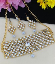Indian Bollywood Style Gold Plated Kundan Necklace Earrings Tikka Jewelry Set - £22.32 GBP