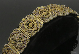 CHINESE 925 Silver - Vintage Antique Floral Filigree Panel Bracelet - BT... - £162.28 GBP