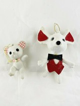 Vintage Ornament White Flocked Mice  Pink Gingham and Red Vest - £10.05 GBP