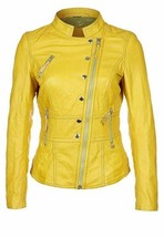Women Leather Jacket Yellow Biker Moto Pure Lambskin Size XS S M L XL XXL 3XL - £118.63 GBP