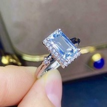 2Ct Emerald Cut CZ Aquamarine Halo Engagement Ring 14k White Gold Finish - £123.88 GBP