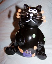Polka Dot on Black, Wire Whiskered Ceramic Cat w/Partial Paper Tag on Bottom - £14.54 GBP