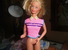 BARBIE Tags Hot Pink Top With Purple Stripes Cream Collar And Blue Bottom Trim - £6.25 GBP