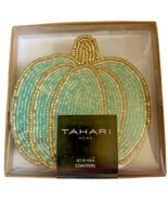 Tahari Glass Beaded Teal Blue Gold Pumpkin Set of 4 Coasters Satin Backed - $36.14