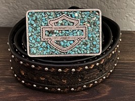 Harley-Davidson Women&#39;s Brown Leather Belt &amp; Turquoise Shield Buckle - £30.92 GBP