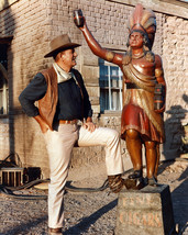 John Wayne Smiling In Western Clothes Looking At Cigar Store Indian Canvas - £54.84 GBP