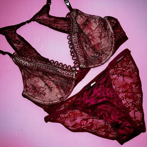 Victoria&#39;s Secret unlined 32D BRA SET XS panty wine RED burgundy embroid... - $59.39