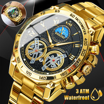 Waterproof Gold Men&#39;s Watch Stainless Steel Quartz Luminous Business Wri... - £23.58 GBP