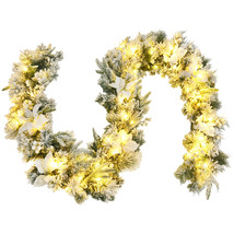 9ft Pre-lit Snowy Christmas Garland w/ Berries Poinsettia Flowers Timer - £66.69 GBP