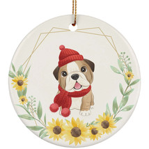 Cute Baby Bulldog Dog Lover Ornament Sunflower Wreath Xmas Gift Pine Tree Decor - £11.82 GBP