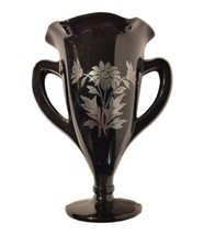Vintage LE Smith Black Amethyst Glass Trophy Loving Vase Silver Overlay Flowers - £15.95 GBP