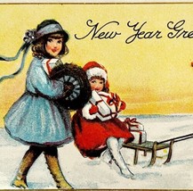 1900s New Year&#39;s Greeting Postcard Embossed Sledding Toboggan DWN10A - £19.65 GBP