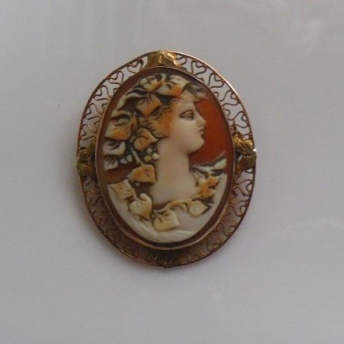 Primary image for 14k Gold Carved Shell Cameo Brooch/Pendant Openwork Hearts Frame