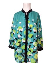 Bob Mackie Wearable Art Floral Tunic Top Size S Semi Sheer Keyhole Sleeves Teal - £15.22 GBP