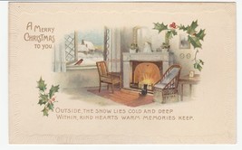 Vintage Postcard Christmas Fireplace Open Window Robin Bird Gold Trim - £6.32 GBP