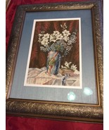 EMBROIDERED BOUQUET IN BLUE MATTED BURNT GOLD VINTAGE FRAME SIZED 30&quot; X ... - $160.97 CAD