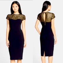 Maggy London Black Stretch Crepe Gold Lace Illusion Dress, Black, Size 8... - $140.25