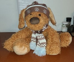 Brown Puppy Dog Plush Winter Snowflake Knit Hat Scarf 14&quot; Hug Fun Intl Toy - £9.73 GBP