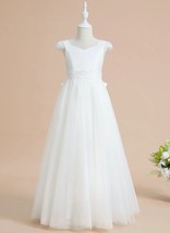 Floor-Length Satin Pageant Party Flower Girl Dress Handmade Communion Dress - $146.70