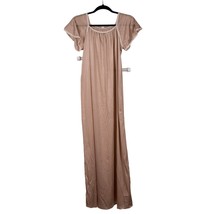 VTG Nightgown Womens M Long Satin Short Sleeve Tan Brown Trim 1960s - £11.00 GBP