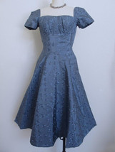 Vintage 50s Frances Prisco Blue Embroidered Taffeta Party Dress XXS Shelf Bust - £116.04 GBP