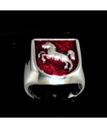 Sterling silver ring Jumping Horse on Red enamel Shield high polished 92... - $149.79 CAD