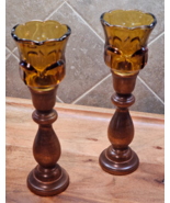 Pair 70&#39;s/80&#39;s Wooden Candlesticks With Amber Glass Votive Candles Holders - $373.95 MXN