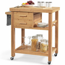 Costway Bamboo Kitchen Trolley Cart Wood Rolling Island w/ Tower Rack Na... - £190.91 GBP