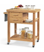 Costway Bamboo Kitchen Trolley Cart Wood Rolling Island w/ Tower Rack Na... - £172.09 GBP