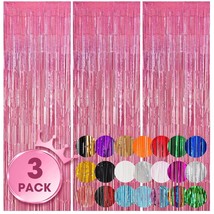 3 Pack 3.3X8.2 Feet Laser Pink Foil Fringe Backdrop Curtains, Tinsel Streamers B - £15.92 GBP