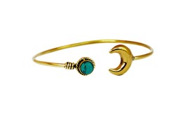Boho Crescent Moon Bracelet with Turquoise Stone, Delicate Gold Bangle - £14.23 GBP