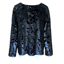 J.O.A. LOS ANGELES NAVY BLUE SEQUIN VELVET CREW NECK SWEATER BC2965 SMAL... - $33.67 CAD