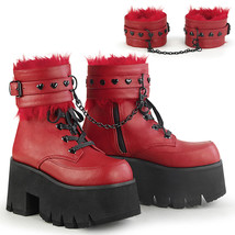 DEMONIA ASHES-57 Chunky Platform Goth Punk Red Fur Cuff Women&#39;s Ankle Boots - £78.72 GBP