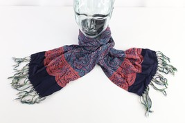 Vintage 40s 50s Rockabilly Paisley Silk Fringed Tassel Scarf Wrap Rainbo... - $59.35