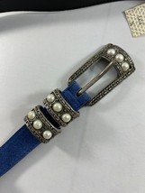 Vtg Express Belt Size Medium Blue Suede Leather Silver Tone Faux Pearl B... - £19.49 GBP