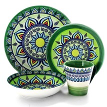 Elama Zen Green Mozaik 16 Pc Round Bohemian Mosaic Stoneware Dinnerware Set - £60.83 GBP