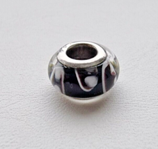 925 STERLING SILVER RETRO SLIDE CHARM MURANO GLASS BUBBLE BEAD BLACK SWIRLS - €16,26 EUR