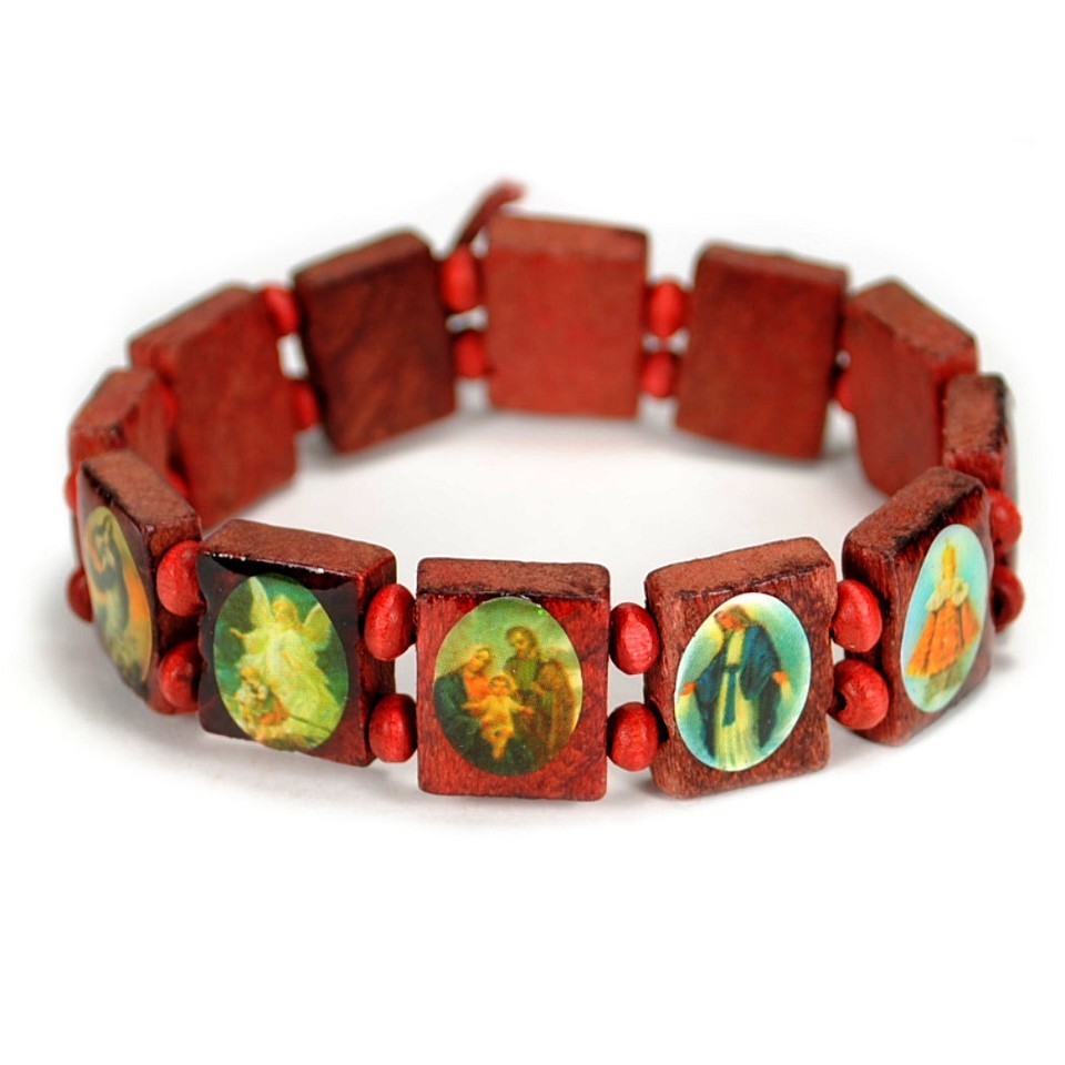 SAINT BEAD BRACELET Red Wood Stretch Elasitc Religious Icon Jesus Angel ... - $5.95