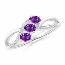 ANGARA 4x3mm Natural Amethyst Three Stone Ring with Diamonds in Sterling Silver - £250.76 GBP+