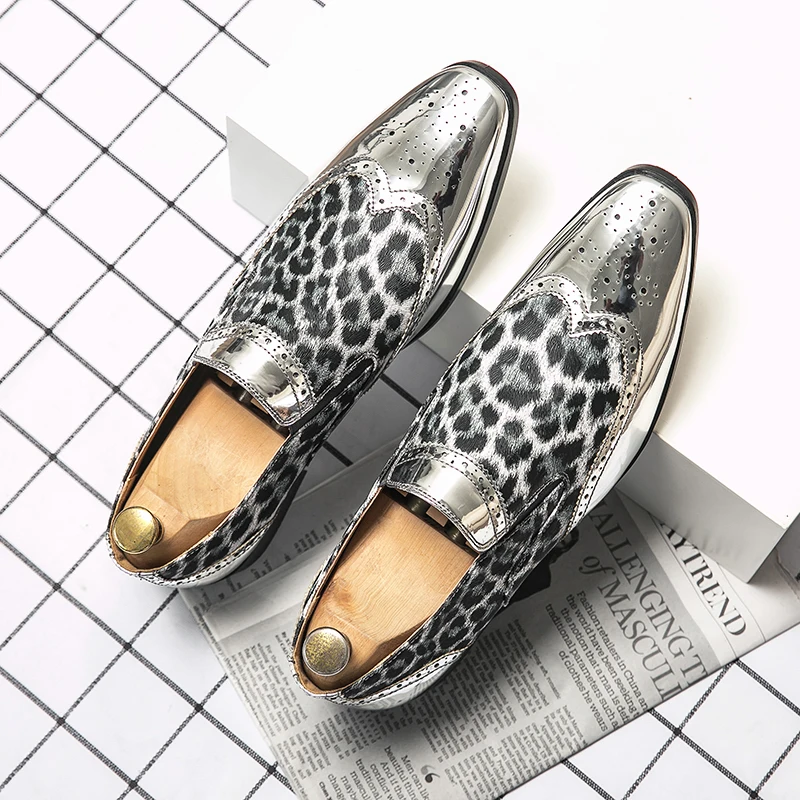 Fashion Dress Loafers Men Golden Silver Men&#39;s Shoes Leopard Print Casual Shoes M - £44.31 GBP
