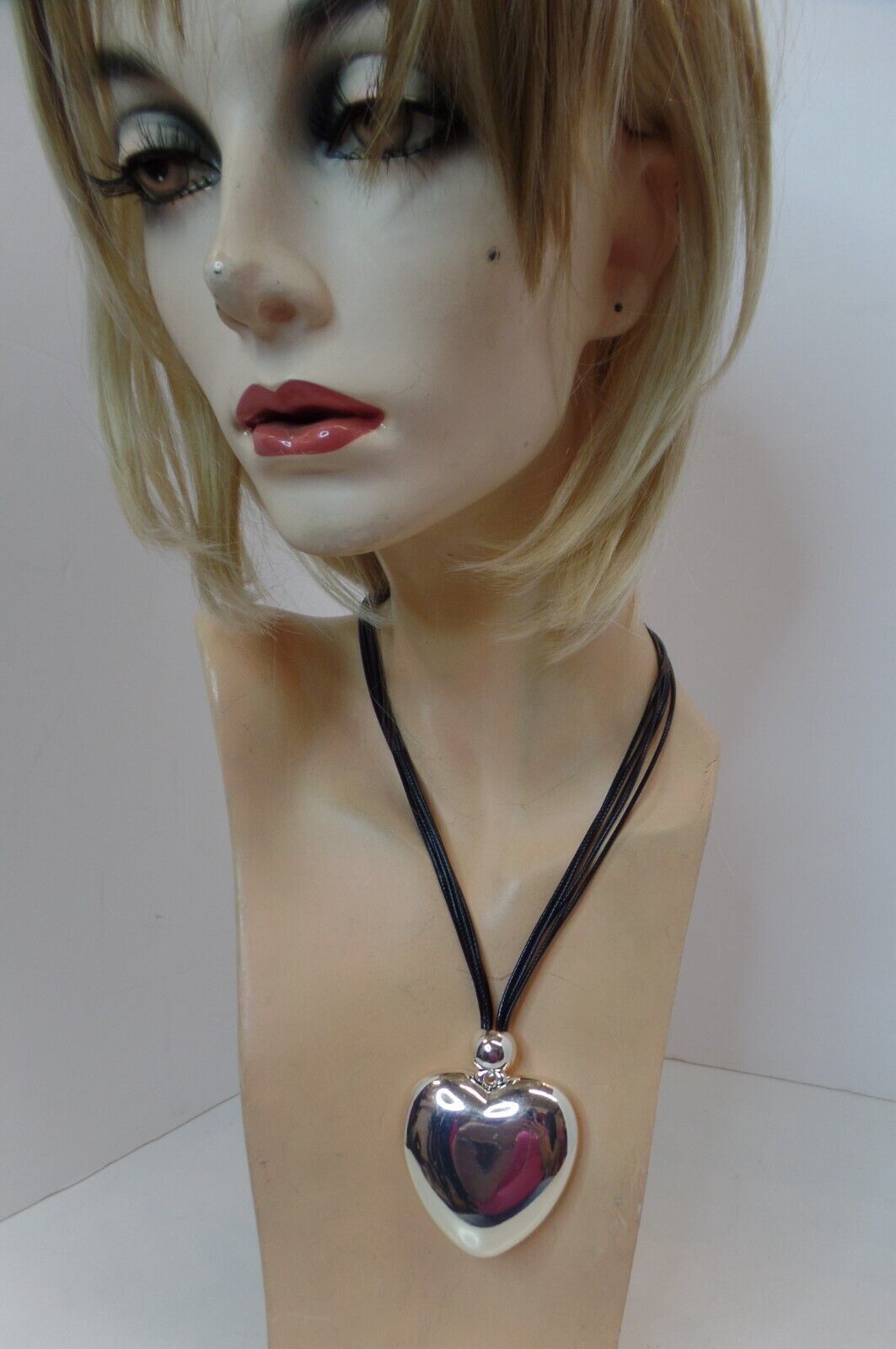 Primary image for Gardenia BNWT Black Corded (6) Multi Strand Necklace W XL Slivertone Heart 19"