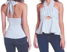 $148 Tularosa Striped Halter Top Small 2 4 Striped Ivory Blue Strappy Fr... - $45.54